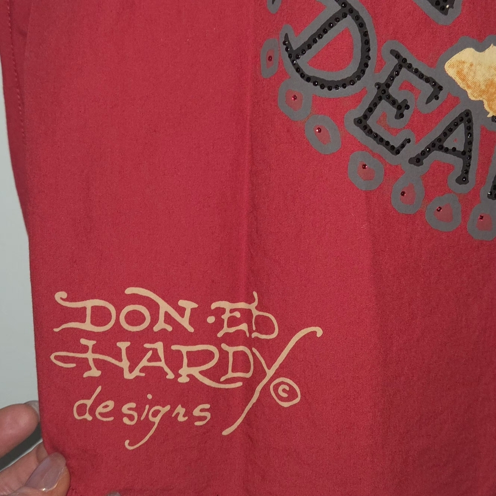 VINTAGE ED HARDY RED BUTTON DOWN SHIRT. MENS (L) DEAD OR ALIVE BLING ☆RARE☆ - Picture 7 of 9